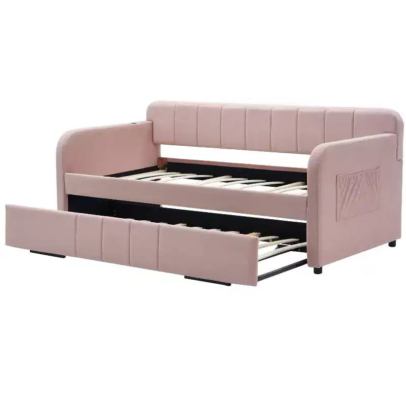 Lit de repos double avec lit gigogne, canapé-lit en velours avec ports USB et poches latérales pour salon, chambre à coucher, chambre d'amis