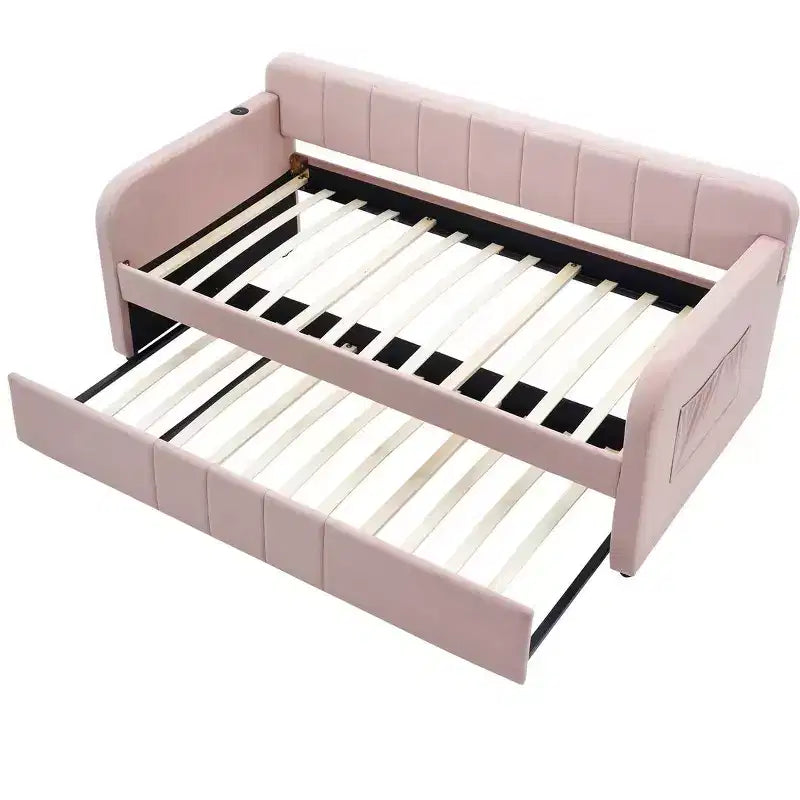 Lit de repos double avec lit gigogne, canapé-lit en velours avec ports USB et poches latérales pour salon, chambre à coucher, chambre d'amis