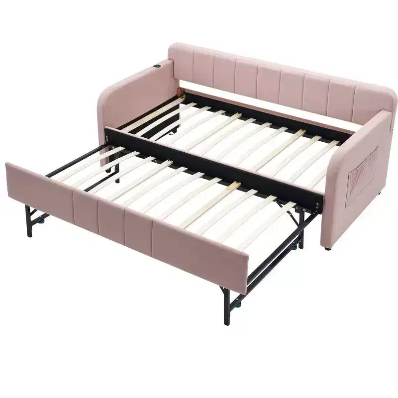 Lit de repos double avec lit gigogne, canapé-lit en velours avec ports USB et poches latérales pour salon, chambre à coucher, chambre d'amis