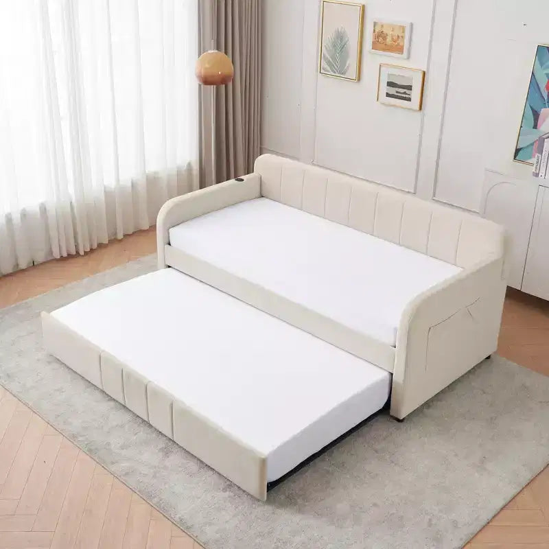 Lit de repos double avec lit gigogne, canapé-lit en velours avec ports USB et poches latérales pour salon, chambre à coucher, chambre d'amis