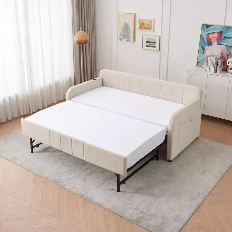 Lit de repos double avec lit gigogne, canapé-lit en velours avec ports USB et poches latérales pour salon, chambre à coucher, chambre d'amis