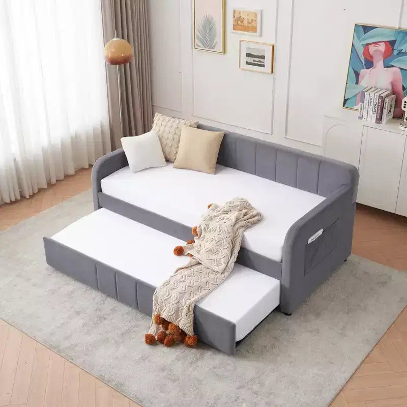 Lit de repos double avec lit gigogne, canapé-lit en velours avec ports USB et poches latérales pour salon, chambre à coucher, chambre d'amis