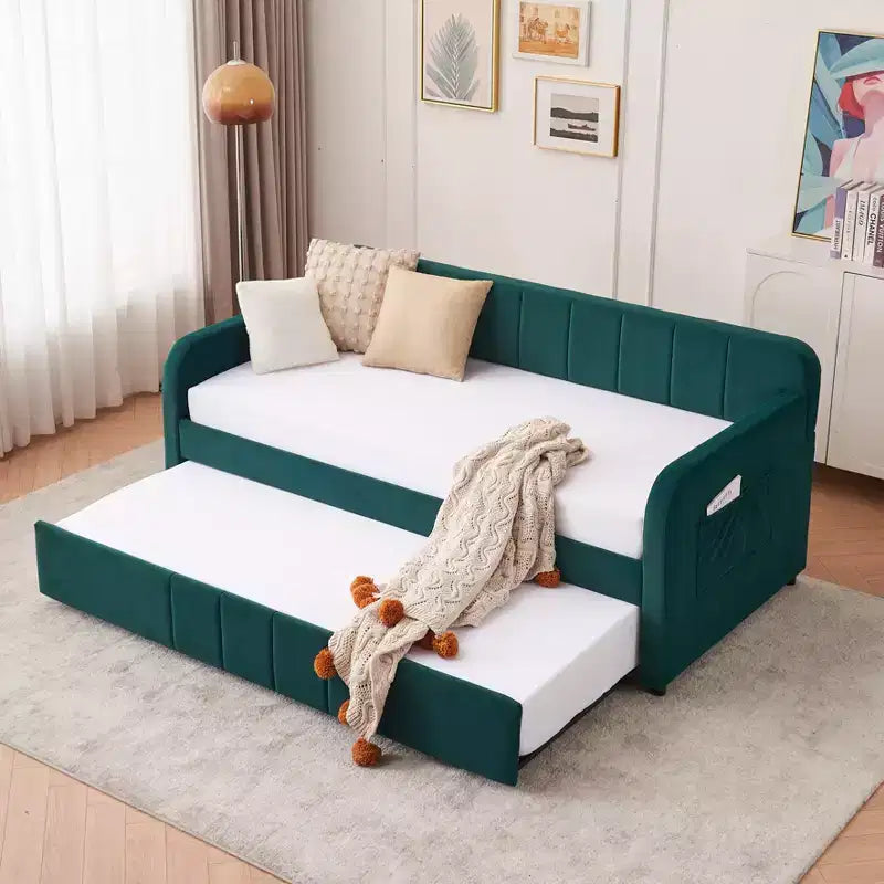 Lit de repos double avec lit gigogne, canapé-lit en velours avec ports USB et poches latérales pour salon, chambre à coucher, chambre d'amis