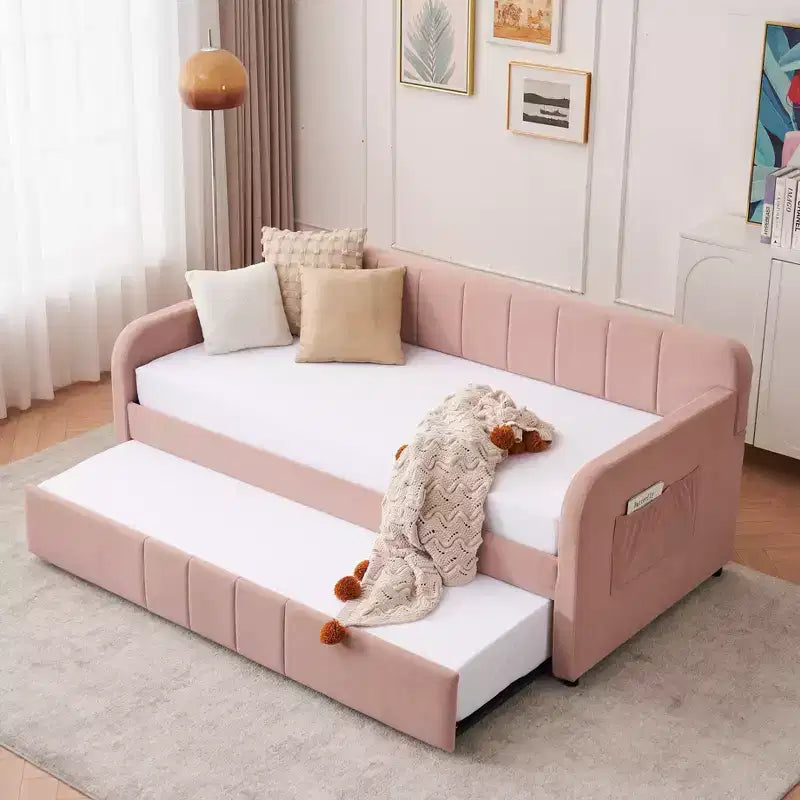 Lit de repos double avec lit gigogne, canapé-lit en velours avec ports USB et poches latérales pour salon, chambre à coucher, chambre d'amis
