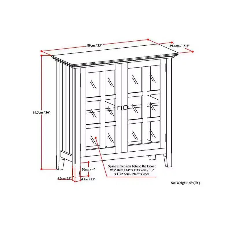 Meuble bas de rangement « Normandy » Brunette Brown, 35 po : Style transitionnel, portes vitrées, étagères réglables