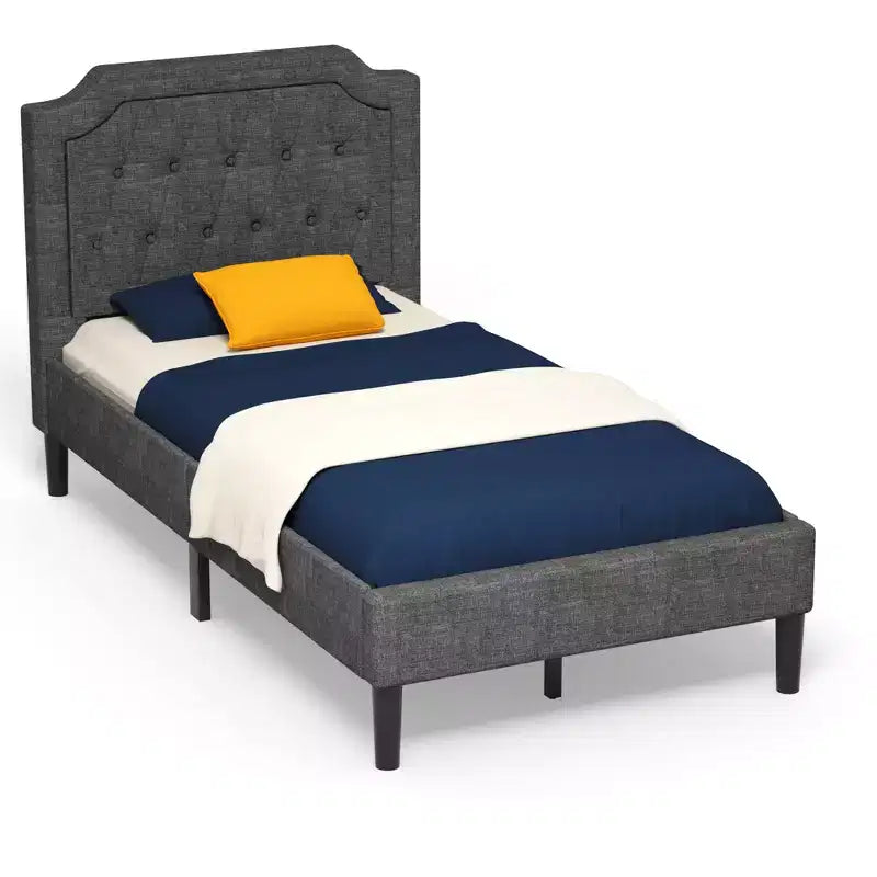 Cadre de lit plateforme simple capitonné avec tête de lit en lin et sommier, Gris