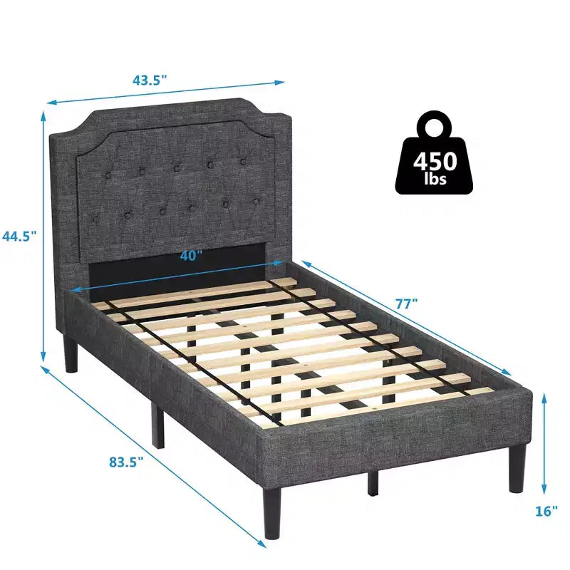Cadre de lit plateforme simple capitonné avec tête de lit en lin et sommier, Gris