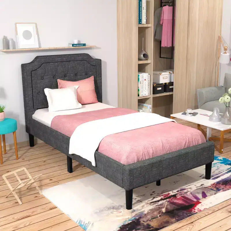 Cadre de lit plateforme simple capitonné avec tête de lit en lin et sommier, Gris