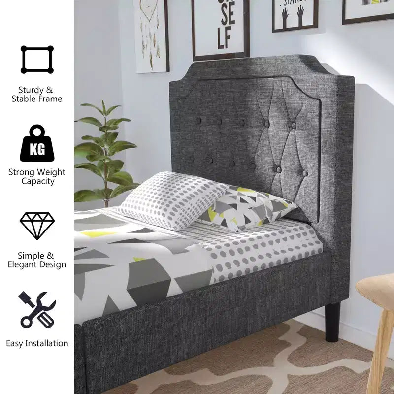 Cadre de lit plateforme simple capitonné avec tête de lit en lin et sommier, Gris