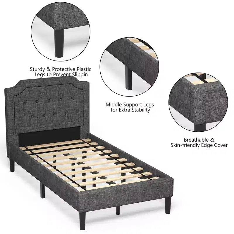 Cadre de lit plateforme simple capitonné avec tête de lit en lin et sommier, Gris